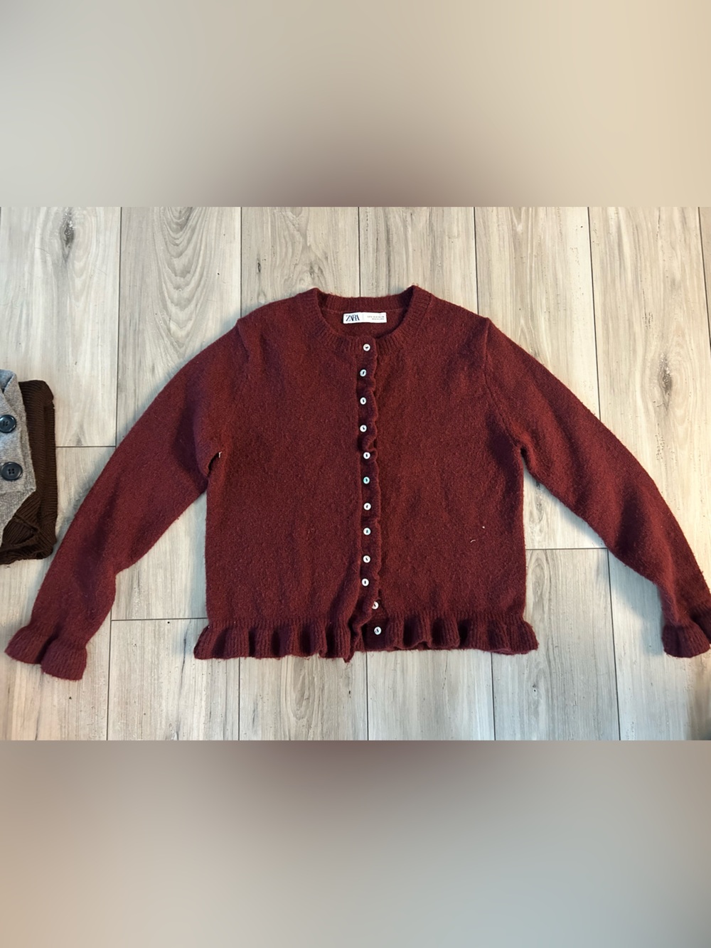 ZARA Burgundy Knit Cardigan Ruffle Trim Button Front Small